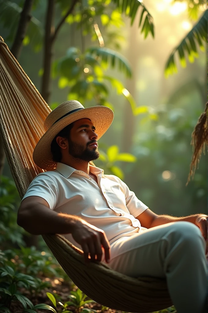 A camba lying in a hammock, his face covered with a sao hat, white pants and a white shirt