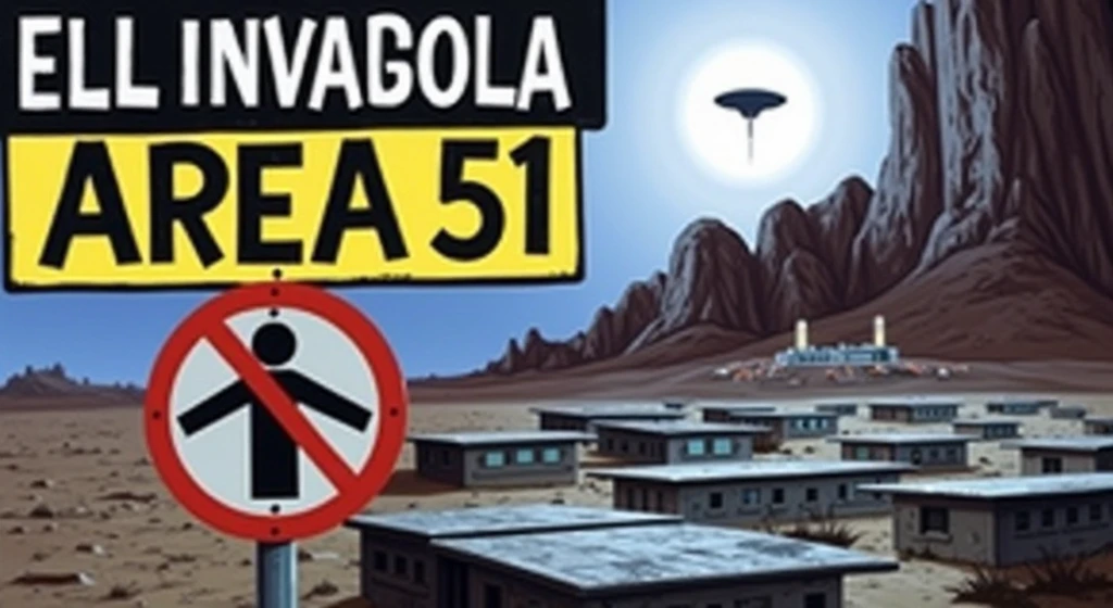 fund: A nighttime image of Area 51, with a starry sky and a soft light coming from the base, which will be partially covered by shadows. Central Element: A large Area 51 warning sign, indicating "Access Prohibited" ou "Restricted area", slightly illuminated by a mysterious light, suggesting something secret going on beyond her. Additional Detail: in the sky, signs of strange lights or a subtle silhouette of an alien ship may be included, but discreetly, leaving the mystery in the air. texto: The title of the video highlighted with a font that evokes military style or mystery, with contrasting colors, like white or yellow, to stand out against the dark background.