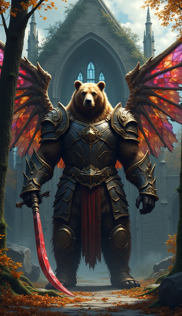 Dark fantasy digital art, front view of a towering muscular brown bear warrior in full ornate armor standing before a cathedral's grand crumbling entrance, its gothic arches shadowed and overgrown with ivy. The bear’s wings are made of shimmering stained-glass shards casting kaleidoscopic hues across the crumbling stone facade. The bear holds a legendary red crystal scythe, its eyes glowing with an otherworldly glow. Autumn leaves on the forest’s floor, crescent moon hanging low in a cloud-streaked sky. 