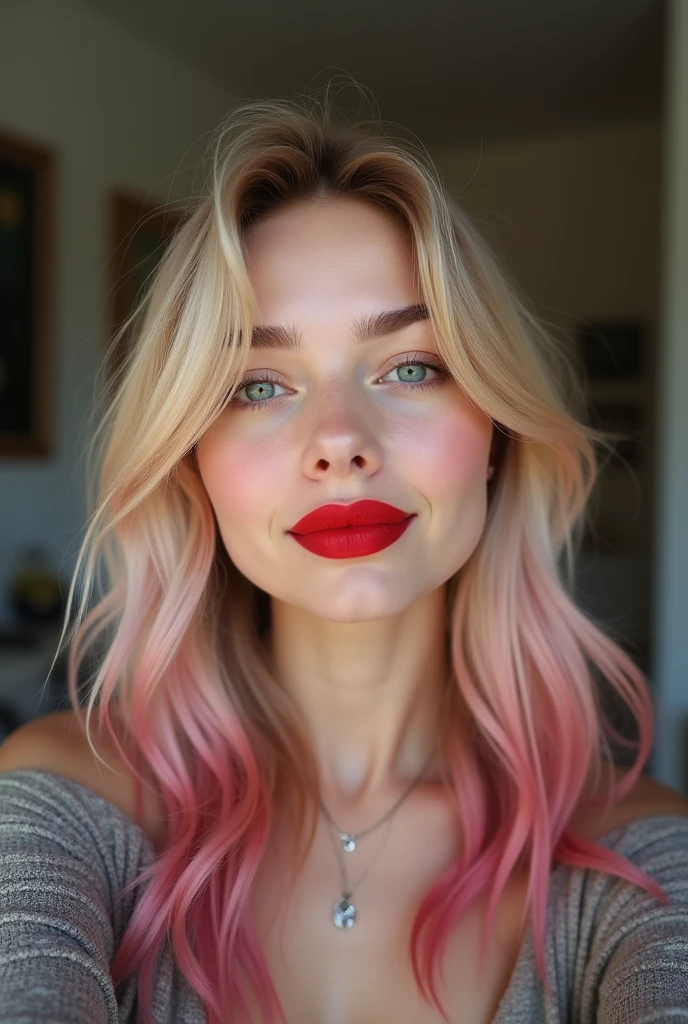 taken with iphone camera, She takes a photo of herself in the home with red lipstick BREAK medium shot selfie of a 20 years old beautiful european girl BREAK (ombre:1.3) blonde pink BREAK film grain, medium quality, He takes a selfie, Same face, same girl, 80mm