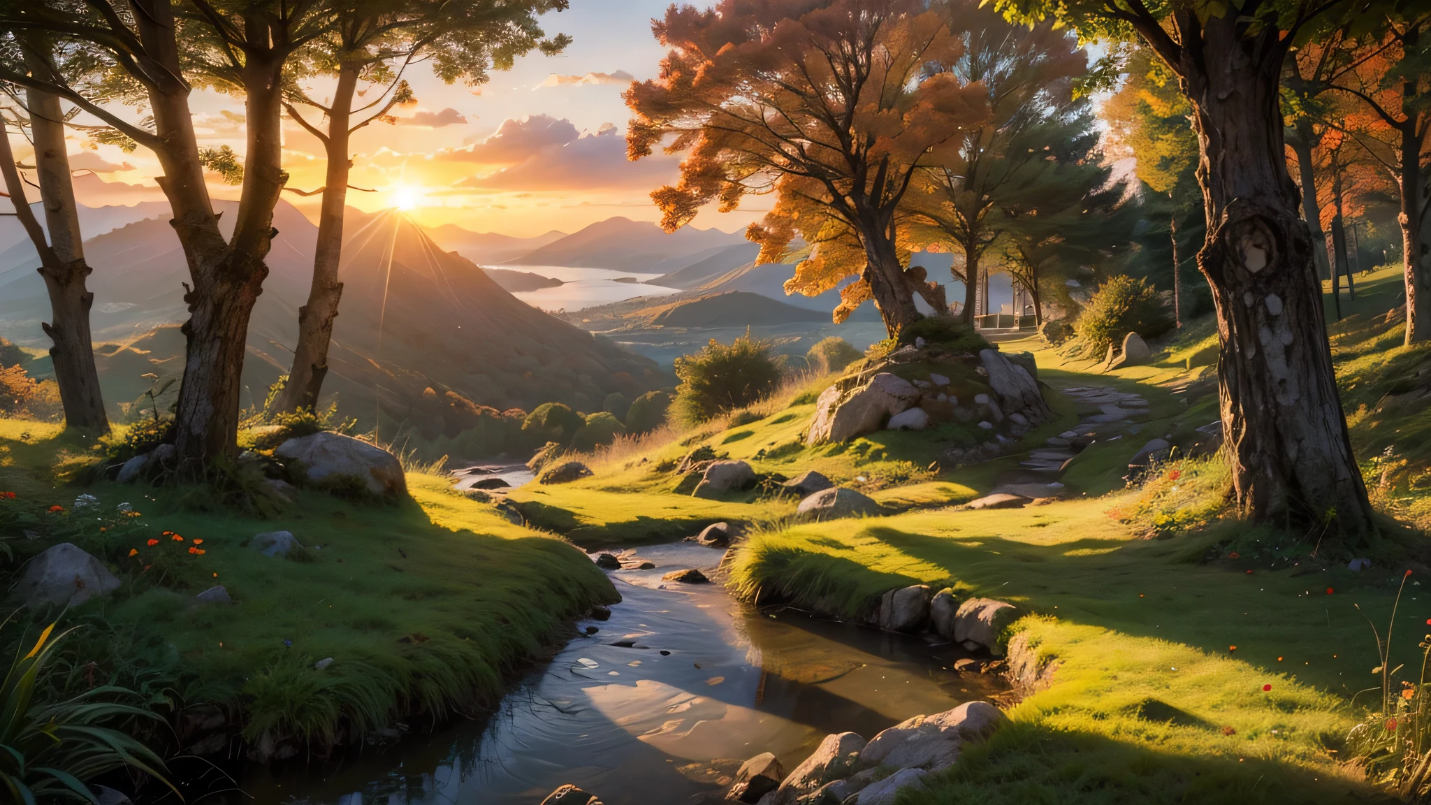 fairytale view with fantasy fairy track in a wide steep valley with huge dramatic mountains in the distance,autumn, rocks plants flowers shrubs trees moss stream lawns bridge grass animals,sunrise and strong sunbeams,very hazy,extreme details,photorealistic,4k,HD,beautiful,nature, dreamy, low shot,ground level photo, good luminosity