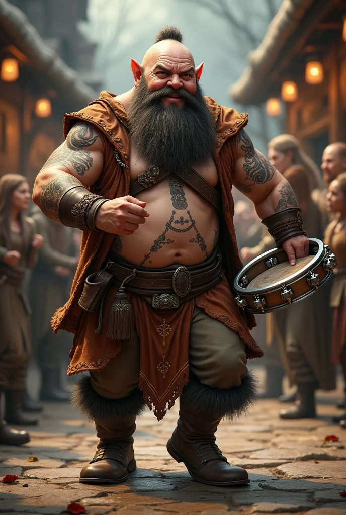 dwarf , RPG , Nordic, charachter, bard, tambor , tambourine, light outfits , leathery , Dance, Large Beard , without hair, nordic tattoo, runes , short stature .