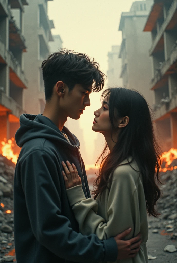 CREATE A COUPLE FROM A DISTANCE TRYING TO BE TOGETHER BUT THEY CAN'T AND IN THE BACKGROUND THEY PUT DESTRUCTION AS IF IT WERE IMPOSSIBLE FOR THEM TO BE TOGETHER. THEY ARE 2 TEENAGERS