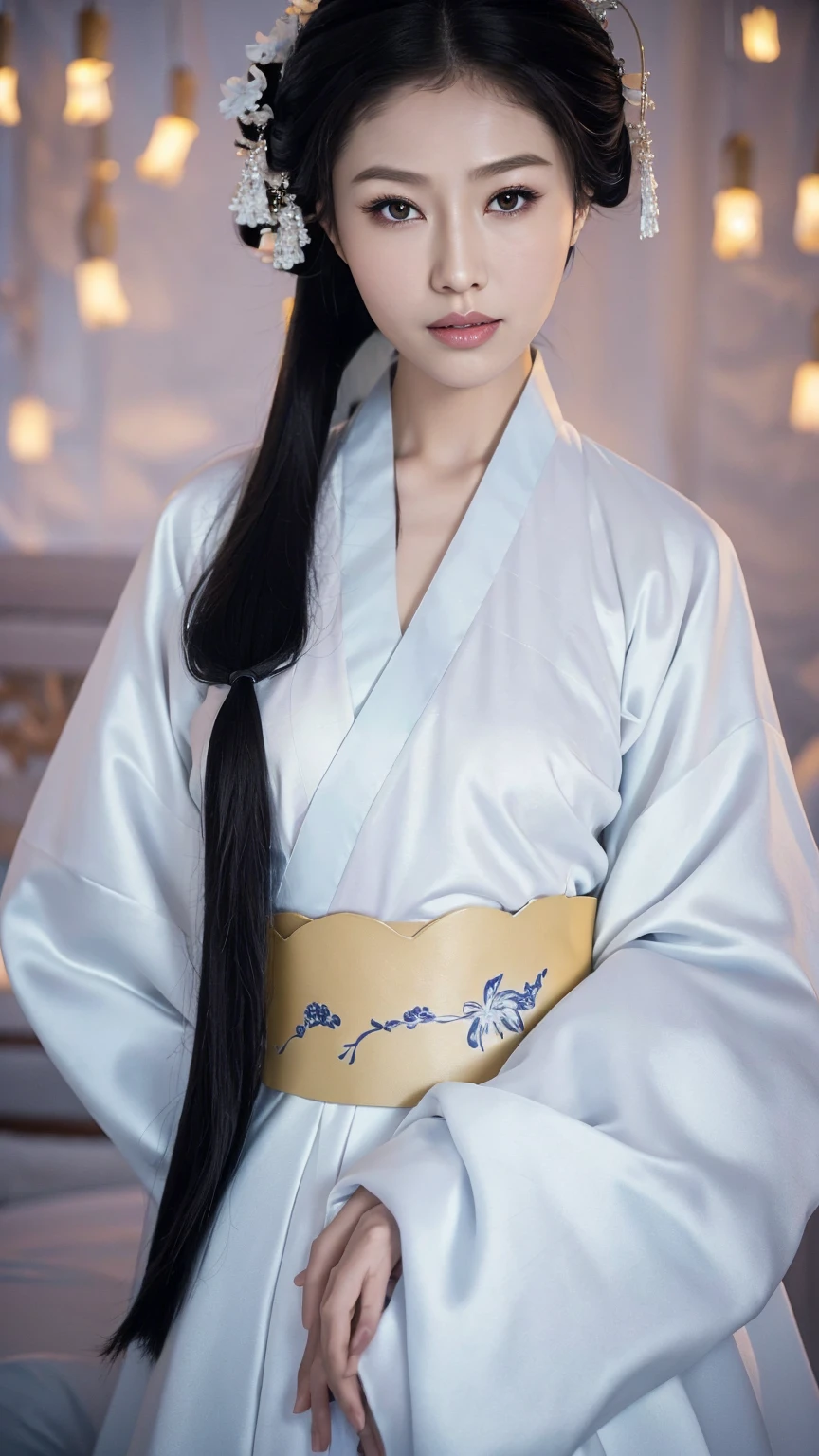 1 Fashion Model [[[[close up]]]], [[[[neck]]]], [[[[Shoulder]]]], (((Complete head)))，(((Complete hairstyle)))，Perfect eyes, Perfect Iris，Perfect lips，Perfect Teeth，Perfect skin，White skin，Soft headlights，High-density imaging，Black long hair，（Clean and delicate face），((White Hanfu))，((Half-length photo))，((night))，((Chinese Lanterns))，((Various dynamic poses))，((The background is the bedroom))，best quality，masterpiece，（Soft colors：1.2）