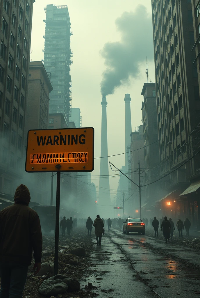 City with pollution and disorder, next to a sign that says "Citizen standards are not met"