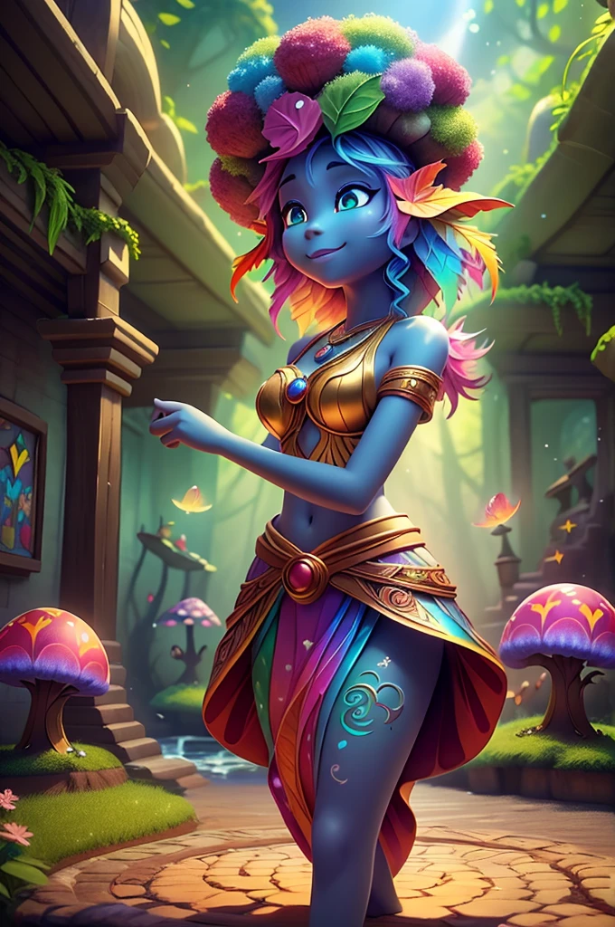 Create an a 3D rendering Pixar Style. Brown-skinned small, iridescent male and female trolls with vibrant hair colors and fun colorful outfit, walking and talking very joyful around their village. Colorful blooming trees with spiral branches host shimmering butterflies and jewel-toned songbirds. Enchanted mushroom dwellings glow with ethereal light, their caps adorned with intricate, phosphorescent patterns. Sunbeams dance through misty air,