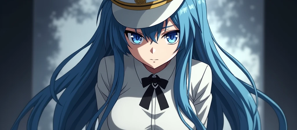 They, helping esdeath, akame ga kill, Characteristics:
- **hair**: Long and blue.
- **eyes**: blue.
- **uniform**: He usually wears a white military uniform..
- **Accessories**: He wears a wide black ribbon around his neck..
- **symbol**: A dark broken heart in his chest, just below his neck.