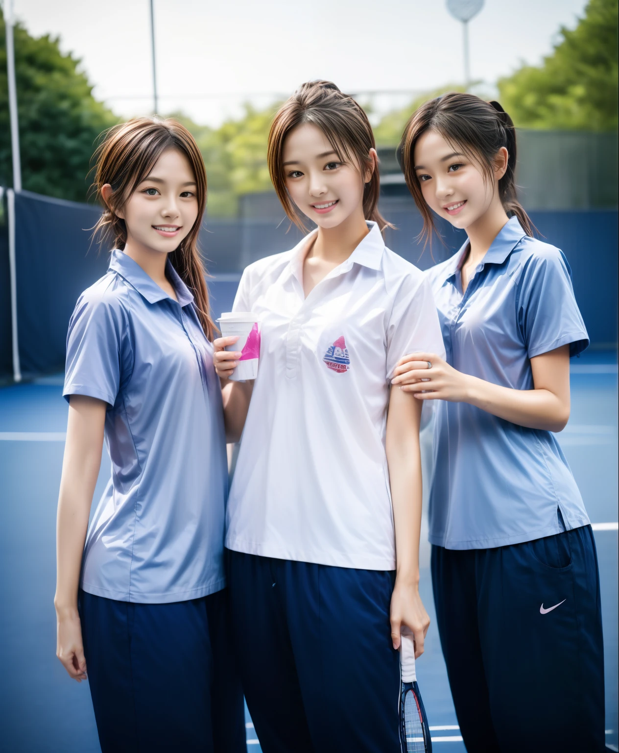 3 girls play tennis at tennis courts, Navy blue short-sleeved shirt,Navy Long Trackpant,Sweatpants, Sweatpantsขายาว,2 girl, lesbian, sexy, exercise clothes, wet body, exercise clothes