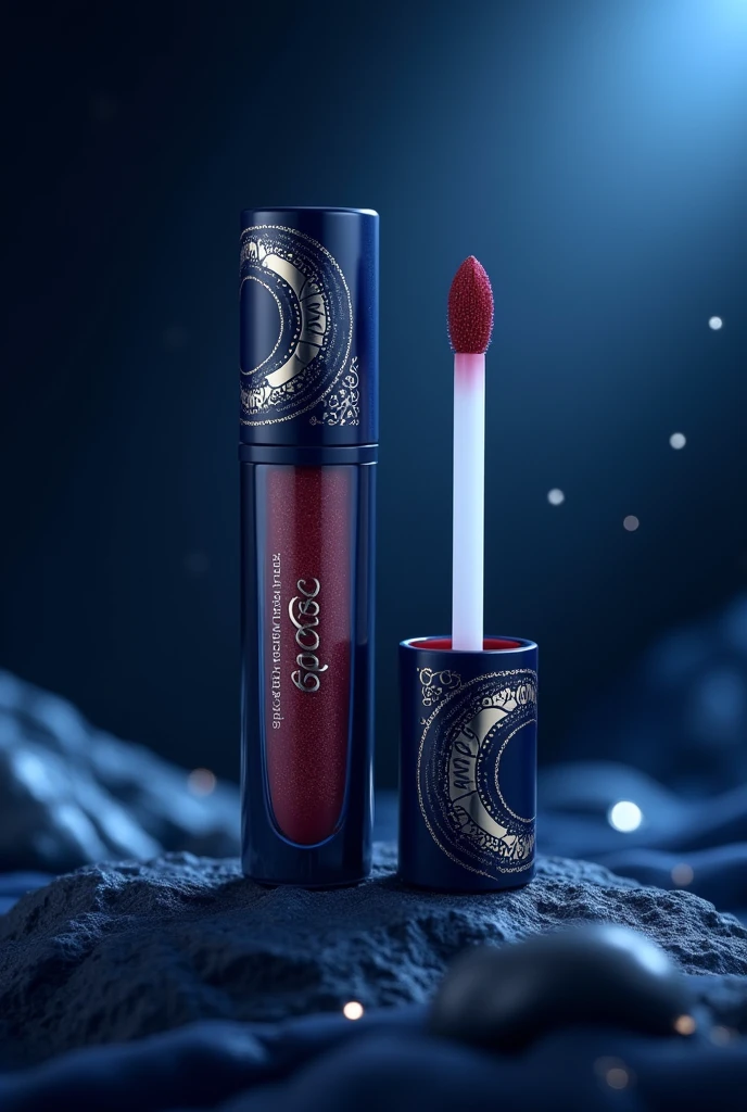 create a moon shaped lip gloss, dark blue design colors, white and gold details. wine color, for the brand "You&Me".
