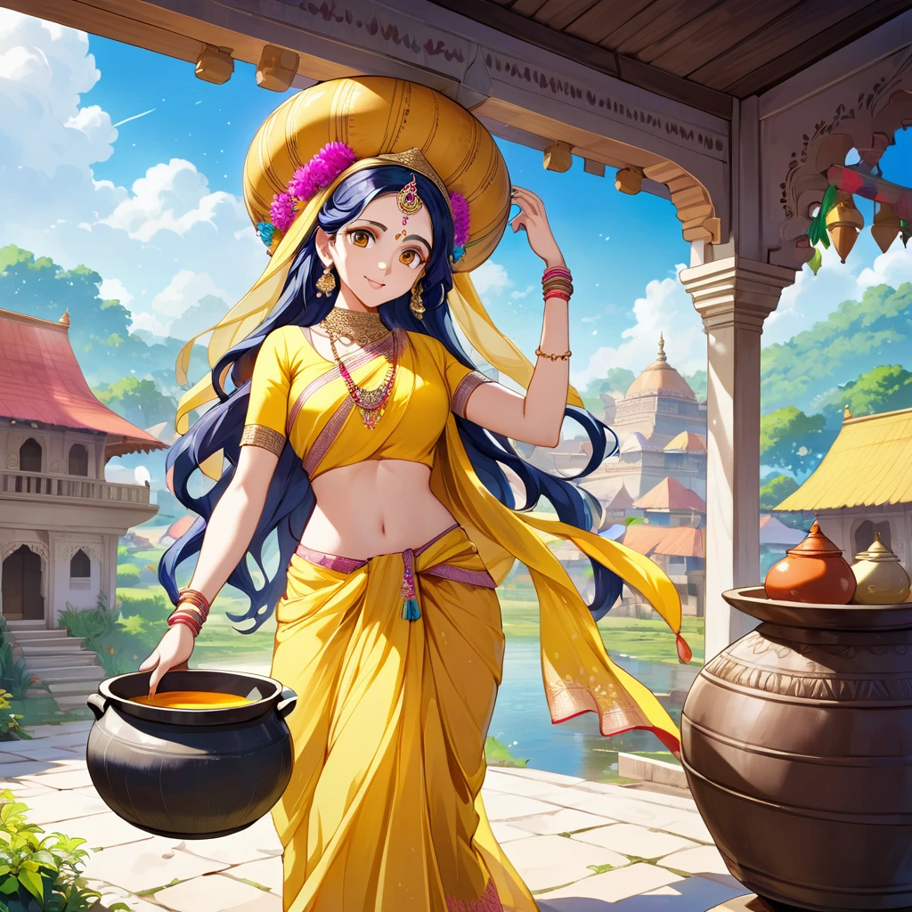 "Radha Rani, in anime style, wears a bright yellow Rajasthani saree, balancing a big earthenware pot on her head. Her flowing hair capture a peaceful village scene, blending the charm of Vrindavan with vibrant colors and detailed anime aesthetics in the background.