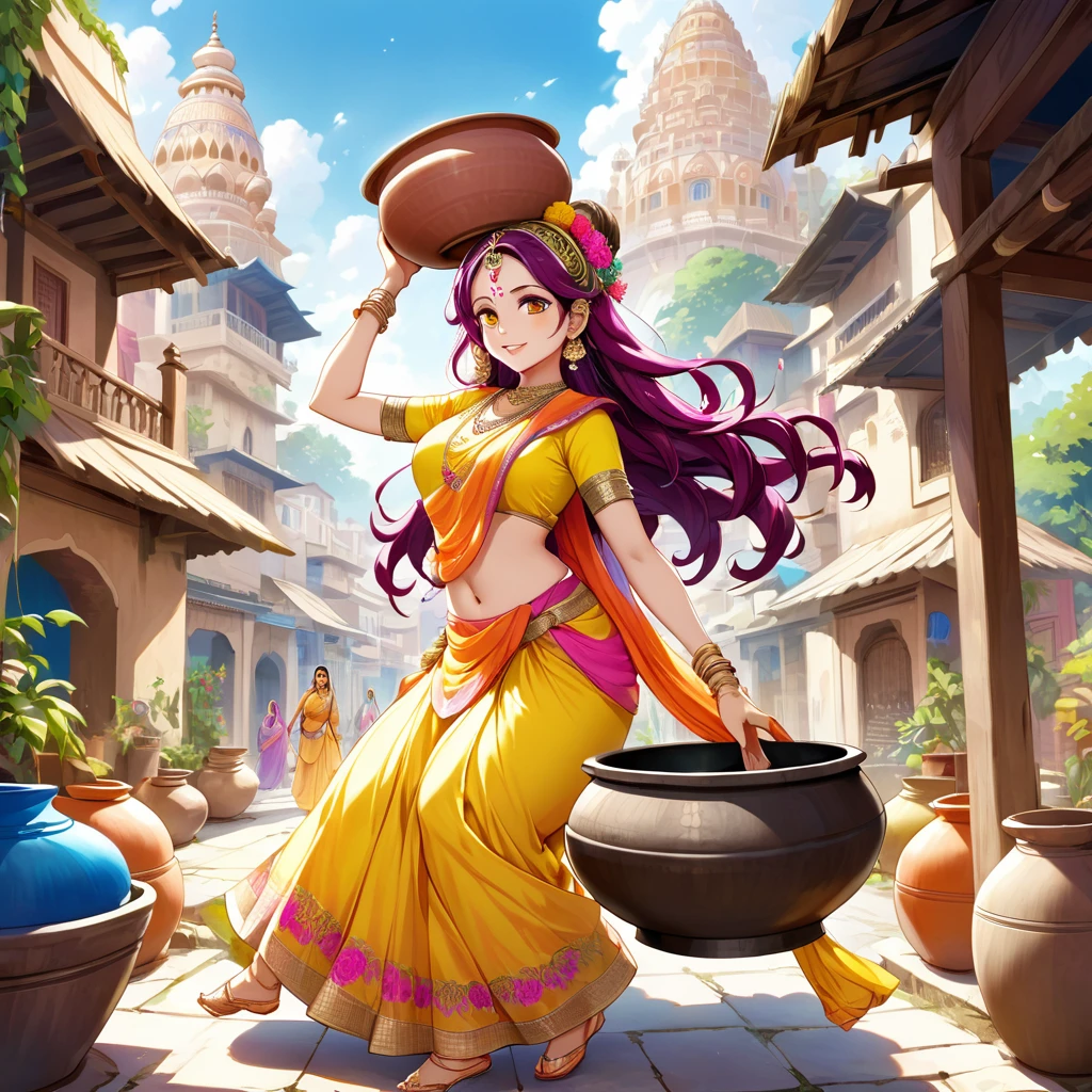 "Radha Rani, in anime style, wears a bright yellow Rajasthani saree, balancing a big earthenware pot on her head. Her flowing hair capture a peaceful village scene, blending the charm of Vrindavan with vibrant colors and detailed anime aesthetics in the background.