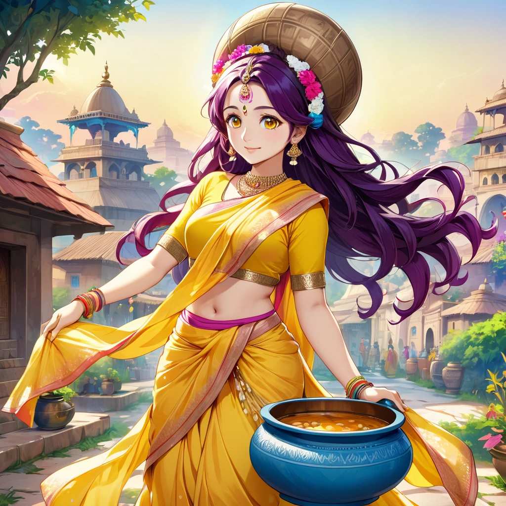 "Radha Rani, in anime style, wears a bright yellow Rajasthani saree, balancing a big earthenware pot on her head. Her flowing hair capture a peaceful village scene, blending the charm of Vrindavan with vibrant colors and detailed anime aesthetics in the background.