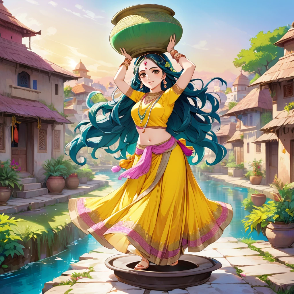 "Radha Rani, in anime style, wears a bright yellow Rajasthani saree, balancing a big earthenware pot on her head. Her flowing hair capture a peaceful village scene, blending the charm of Vrindavan with vibrant colors and detailed anime aesthetics in the background.