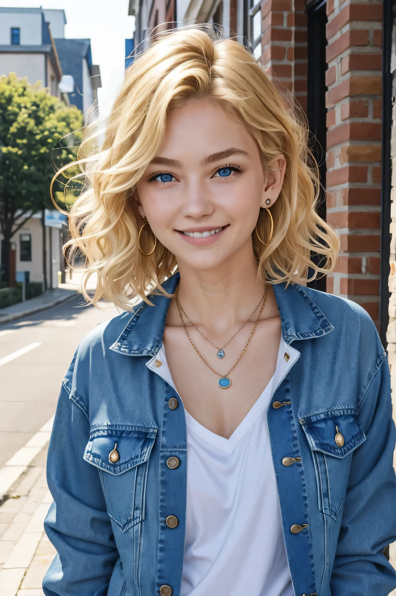 Blonde Caucasian Woman、, Wavy Hair、Short Haircut、, Blue eyes,、smile、Denim jacket、shirt、Ear piercing、necklace、、The background is a town street
