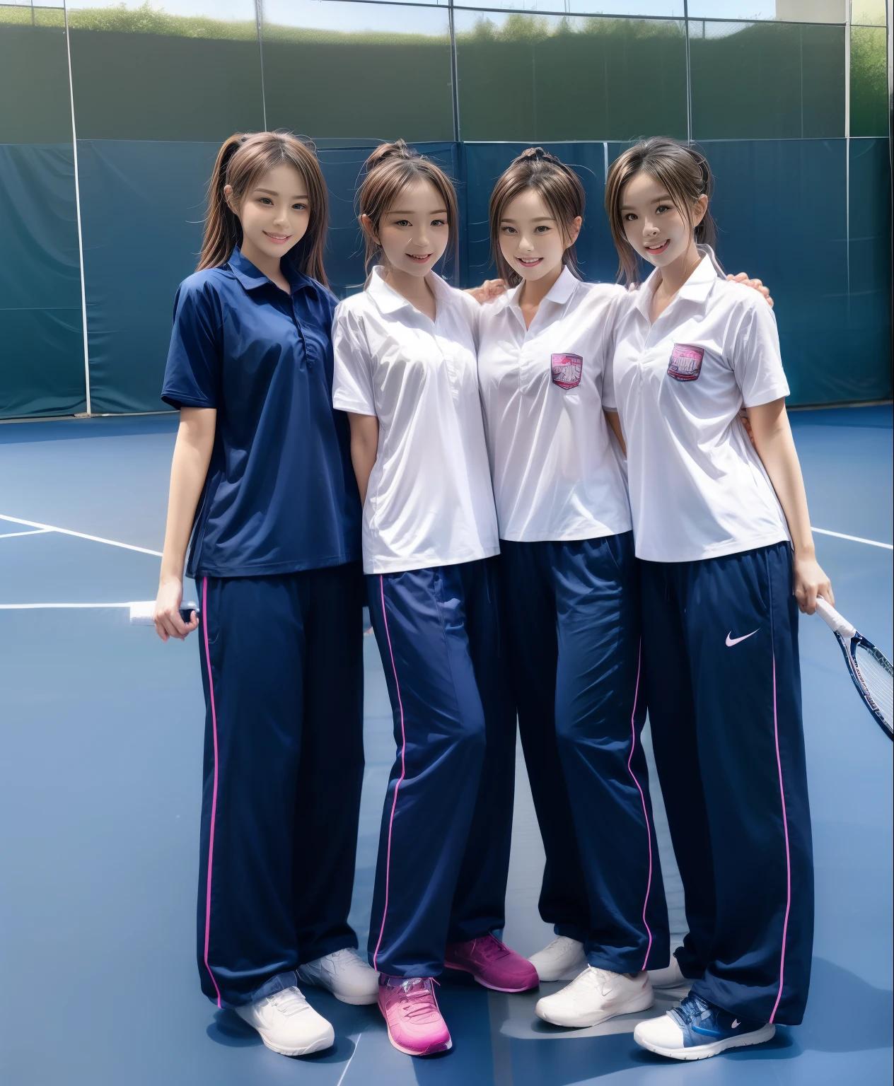 3 girls play tennis at tennis courts, Navy blue short-sleeved shirt,Navy Long Trackpant,Sweatpants, Sweatpantsขายาว,2 girl, lesbian, sexy, exercise clothes, wet body, exercise clothes