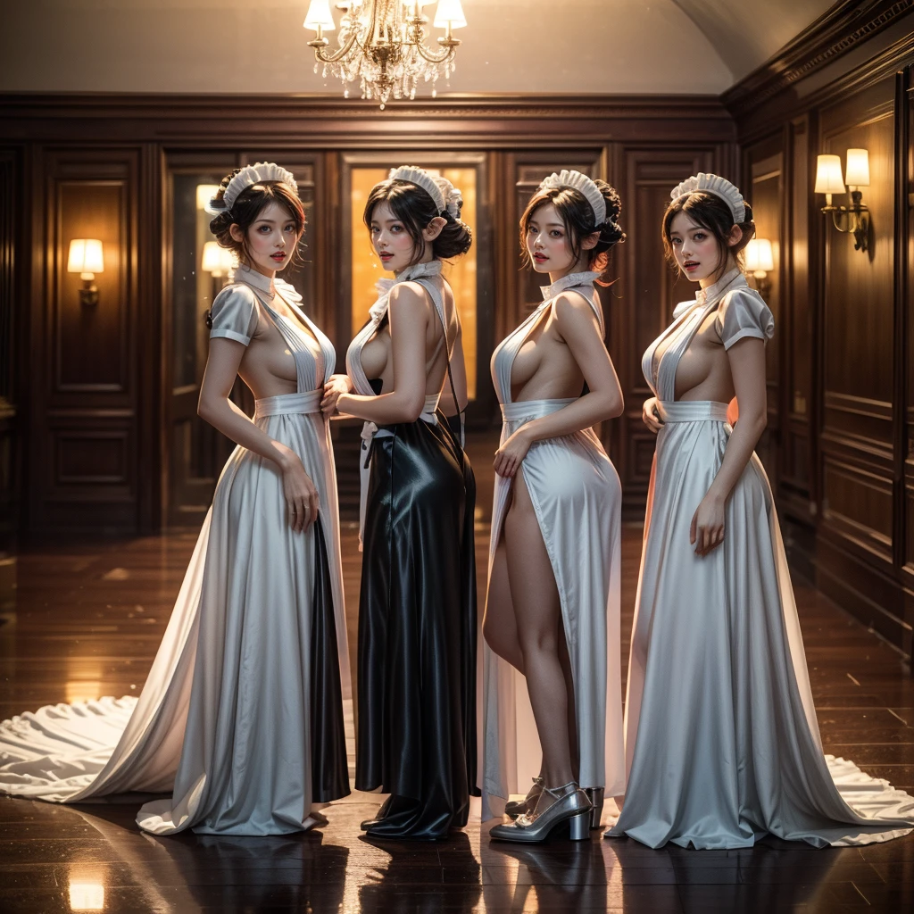 (Graceful Full Body of Extremely Detailed((Sexy Maid Group in a row:1.37))), KAWAII perfect face with Reflective Eyes, Detailed(Delicate Clothing textures), Correct Graceful Legs, Dynamic Joyful Expressions LifeLike Rendering, Specular Reflection of mirrored floor, TopQuality 8K Ultra-detailed masterpiece (ProfessionalPhoto:1.37), (Acutance:0.8), (Luminism:1.28), Renaissance art style, Portraits, Colorful Light particles, (Full body from side) {Kissing Face to Face|Cute Peach AssFocus|(NakedApron with (Overflowing Sideboob))}, Radiant Fine Skin with Transparency, (Exposed:0.4) {Pink Hair|LightBlue Hair|Blonde|Pure White Hair|Liquid Hair|Red Shoes}, Perfect Lighting