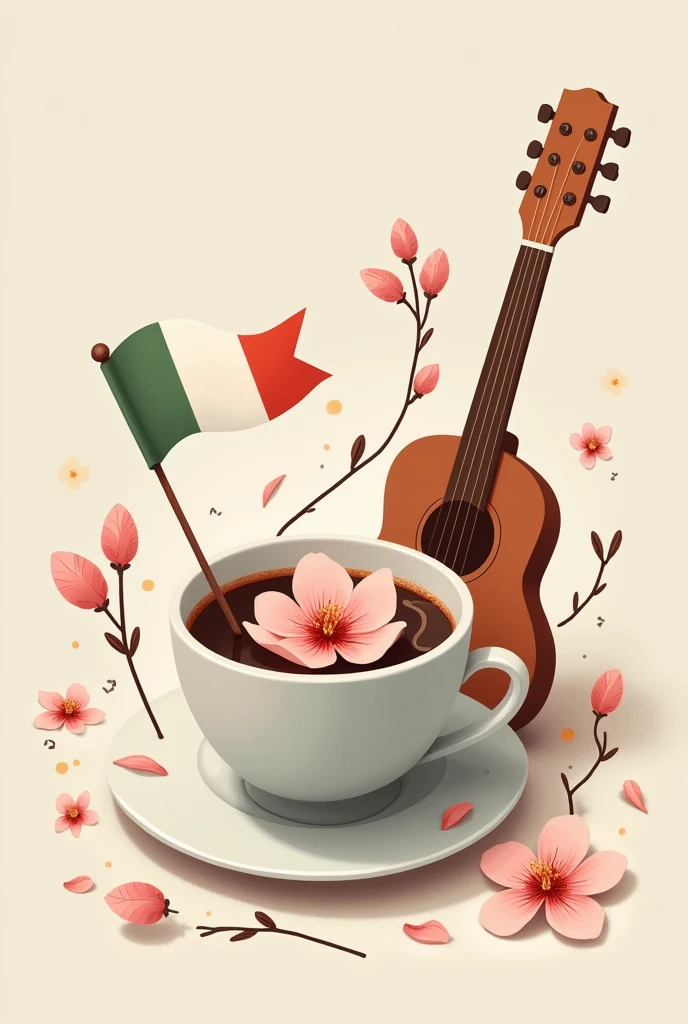a cherry blossom petal within the espresso cup, a small Italian flag, a Korean "paekche" pattern, a Spanish guitar string, and a Thai elephant silhouette.