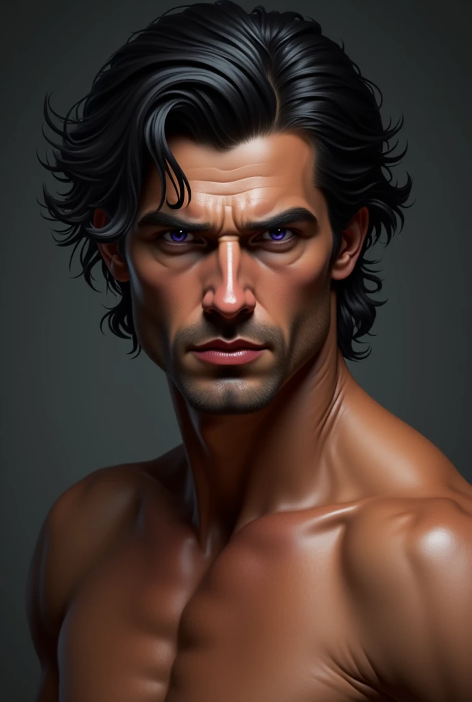 tanned man, full and reddish lips, Straight Nose, sharp purple eyes, straight and defined eyebrows, defined jaw, sharp cheekbones and wavy black hair, defined body, no beard and moustache