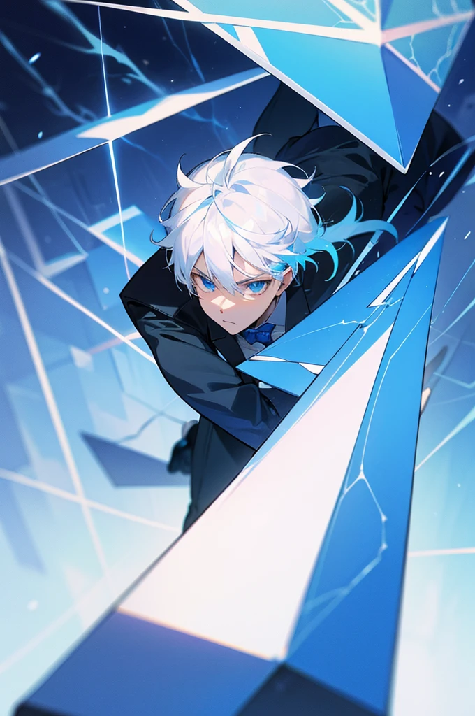 Male, young teen, White hair, Blue eyes, Suit, Blue Lightning, Cube Background