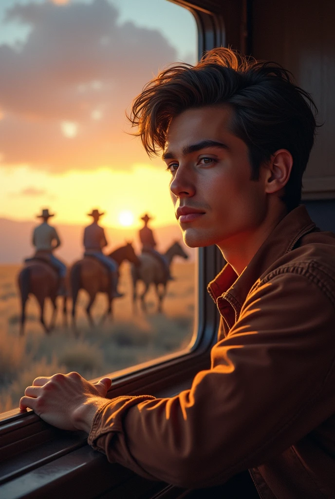 A young cute handsome beautiful man on a train looking out from the train window 5 cowboy rider