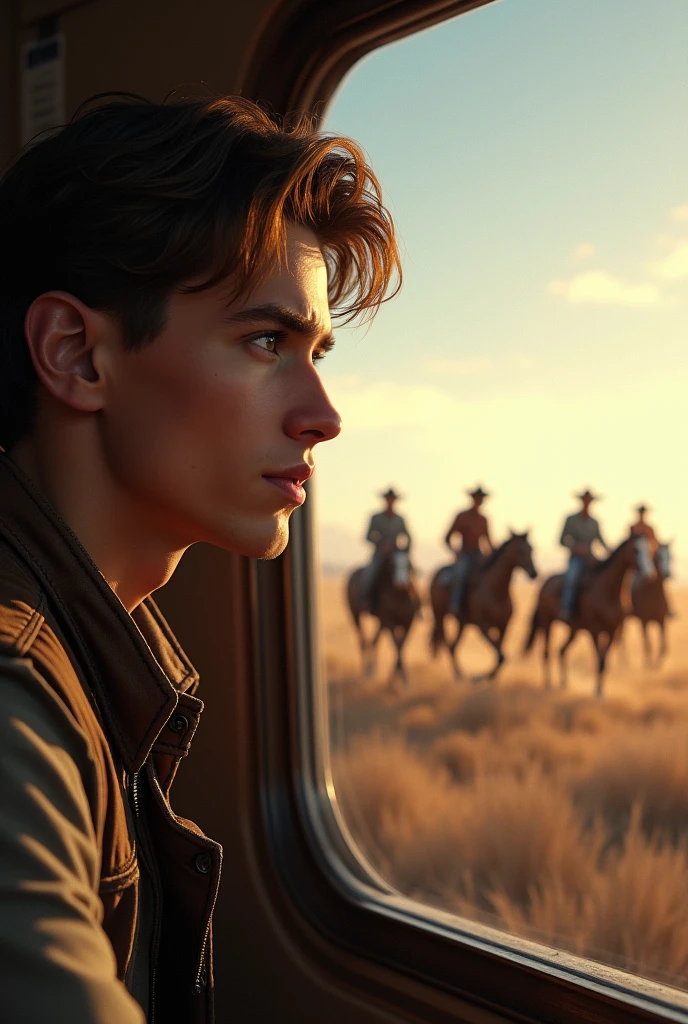 A young cute handsome beautiful man on a train looking out from the train window 5 cowboy rider