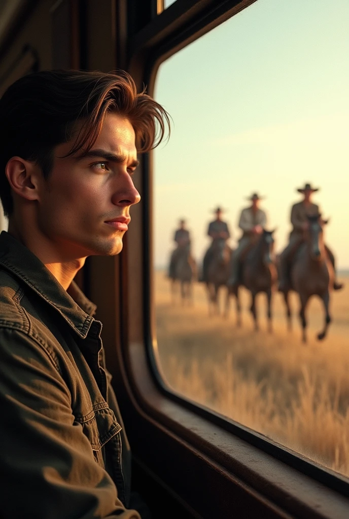 A young cute handsome beautiful man on a train looking out from the train window 5 cowboy rider