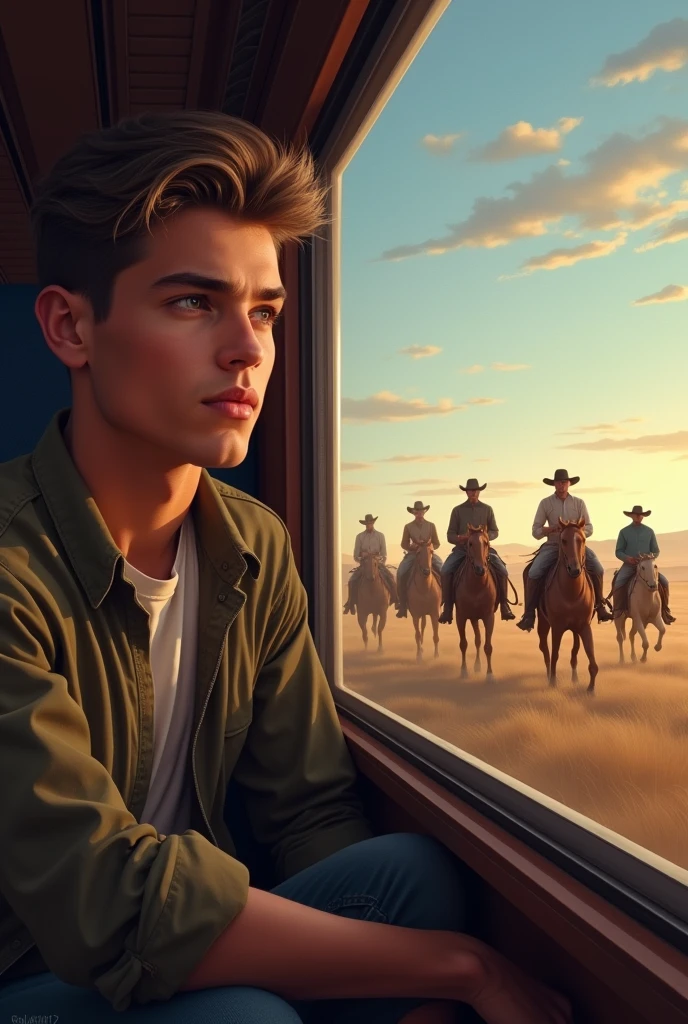 A young cute handsome beautiful man on a train looking out from the train window 5 cowboy rider