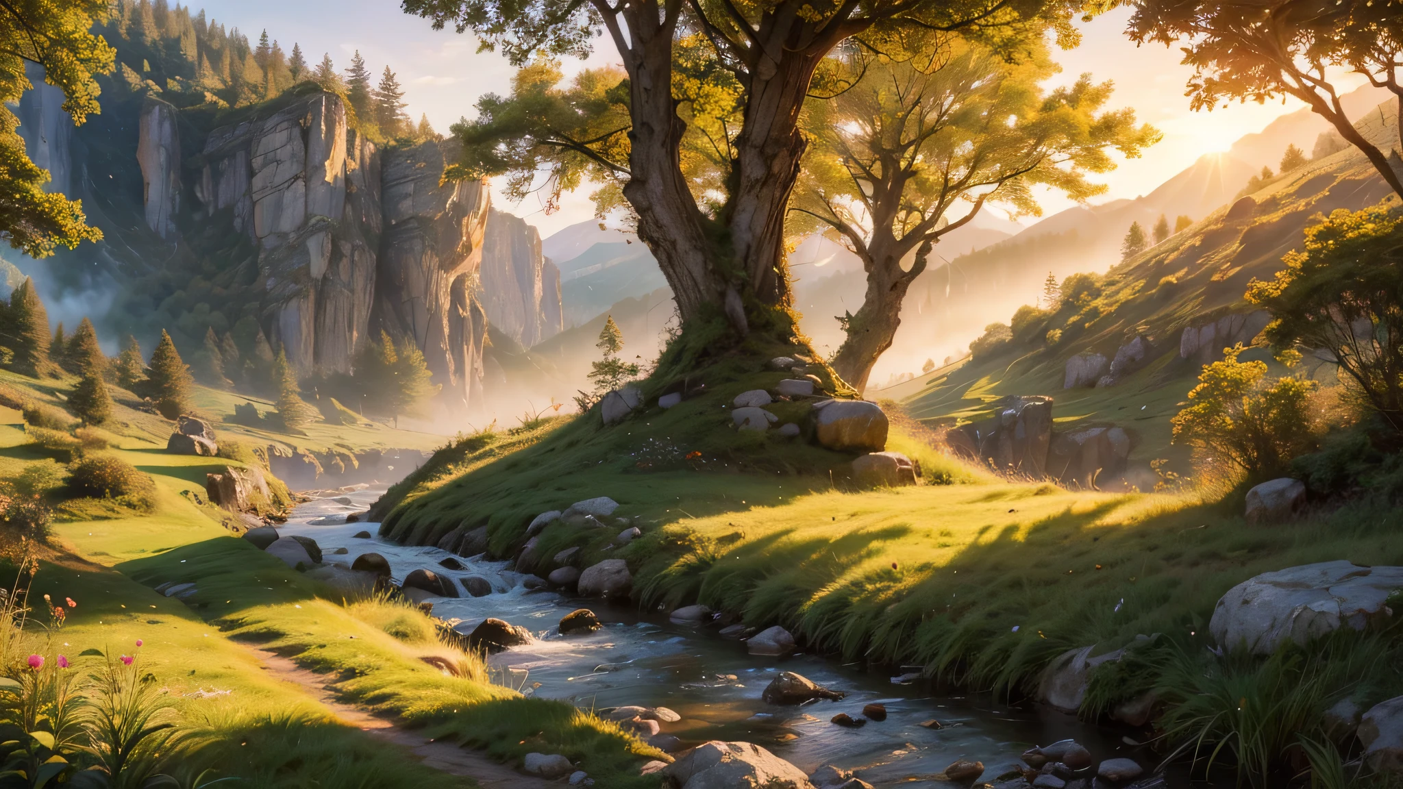fairytale view with fantasy fairy track in a wide steep valley with huge dramatic mountains in the distance,autumn, rocks plants flowers shrubs trees moss stream lawns bridge grass animals,sunrise and strong sunbeams,very hazy,extreme details,photorealistic,4k,HD,beautiful,nature, dreamy, low shot,ground level photo, good luminosity