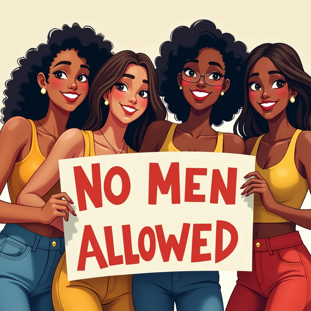 A picture with 4 latina girls, with a sign of "No men allowed": 1 medium long curly hair, 2 with short black hair and 1 with long brown hair