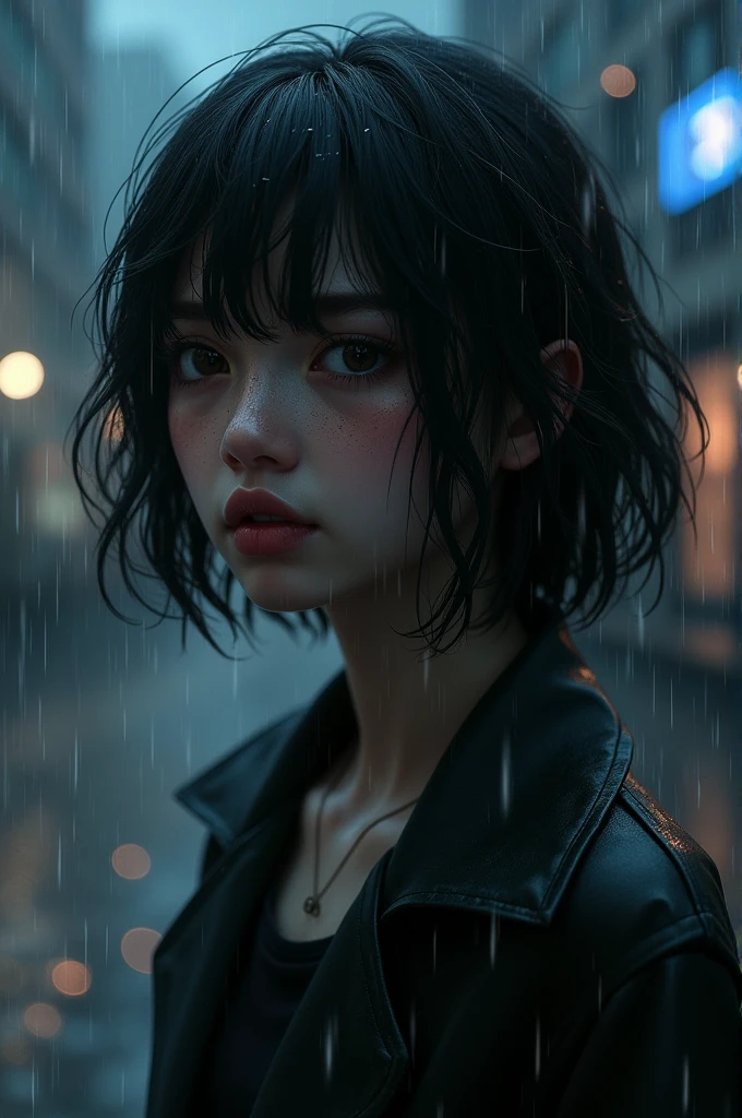 Stylish black haired teenager crying in the rain at night