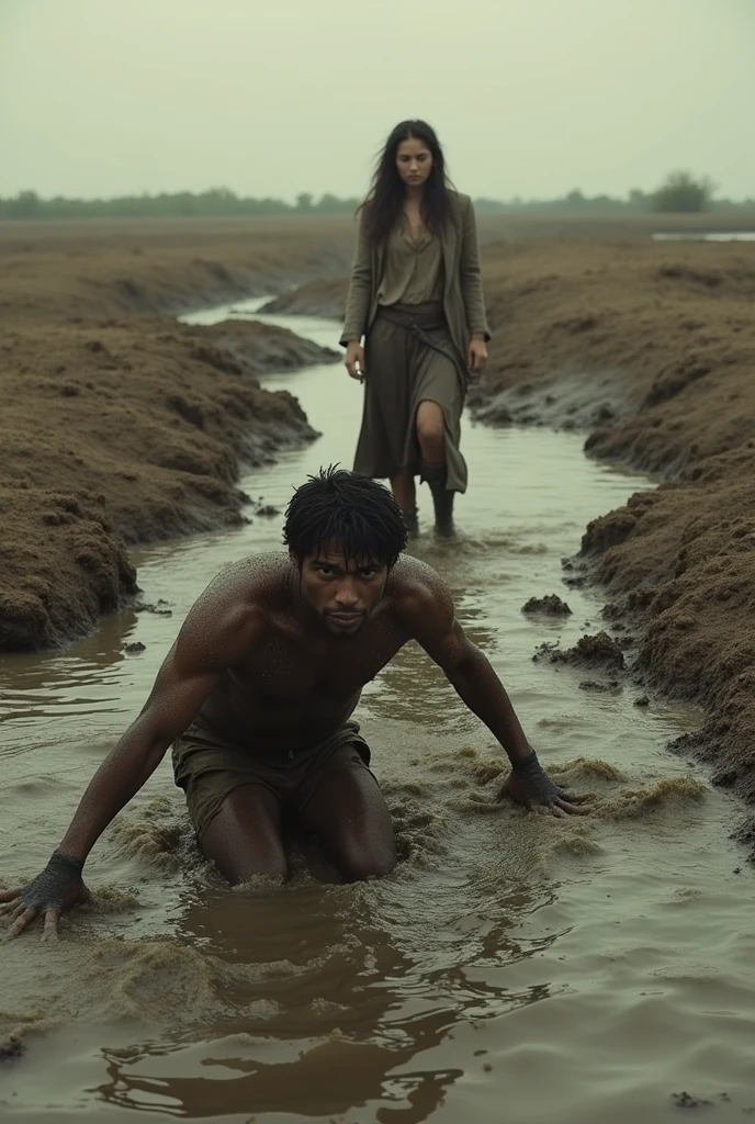 Person sinking in mud,while a woman abandons him