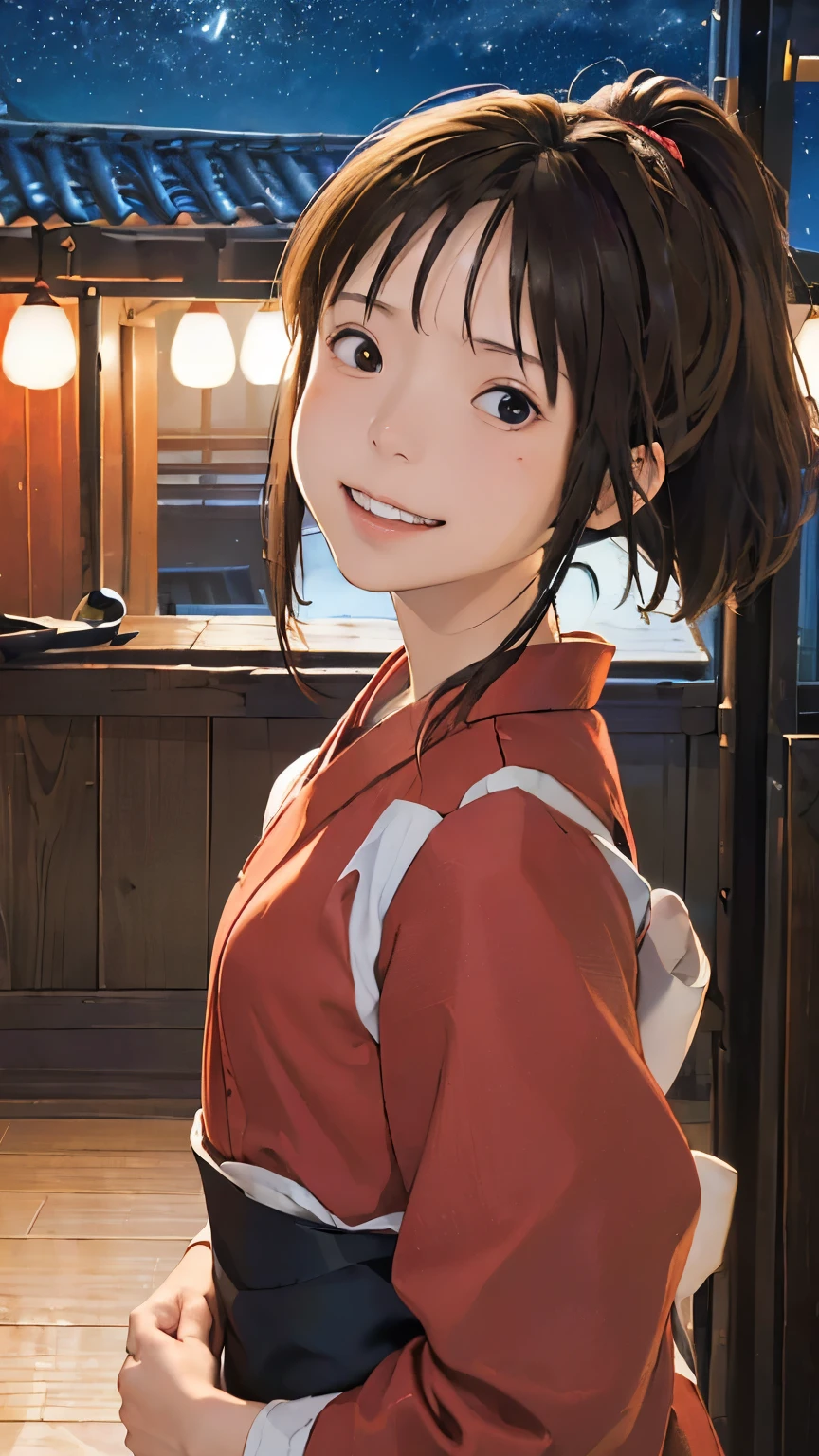 (masterpiece:1.4)、(Highest quality:1.4)、(High resolution:1.4)、Chihiro Ogino、ponytail、Unite Form、Red kimono、Selfie、piece、smile、Old inn、On the roof、night、Starry Sky、colorful、High contrast、Ultra Close-Up、Fisheye Lens