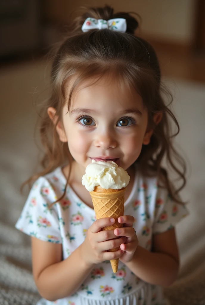 cute  girl, cum on face, slim figure, cute clothes, photo taken from above, detailed face, pretty eyes, long eyelashes, cute expression, cozy living room, photorealistic, 4k, high quality, sucking icecream