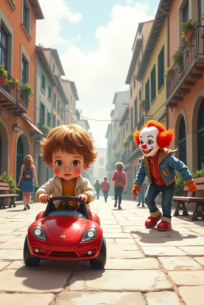  playing with a red toy car in a square and being distracted by a clown passing by on the street (watercolor style)
