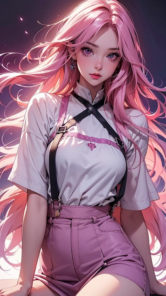 (Best quality,8K,high resolution,masterpiece:1.2),Digital Artwork, A girl，Delicate face，Delicate eyes，Pink Hair，Long and straight hair，Glowing purple eyes，Red lips，Suspenders