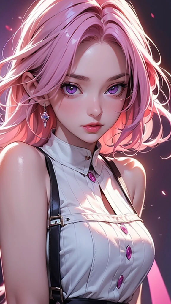 (Best quality,8K,high resolution,masterpiece:1.2),Digital Artwork, A girl，Delicate face，Delicate eyes，Pink Hair，Long and straight hair，Glowing purple eyes，Red lips，Suspenders