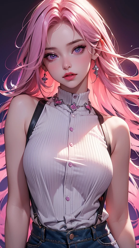 (Best quality,8K,high resolution,masterpiece:1.2),Digital Artwork, A girl,Delicate face,Delicate eyes,Pink Hair,Long and straight hair,Glowing purple eyes,Red lips,Suspenders