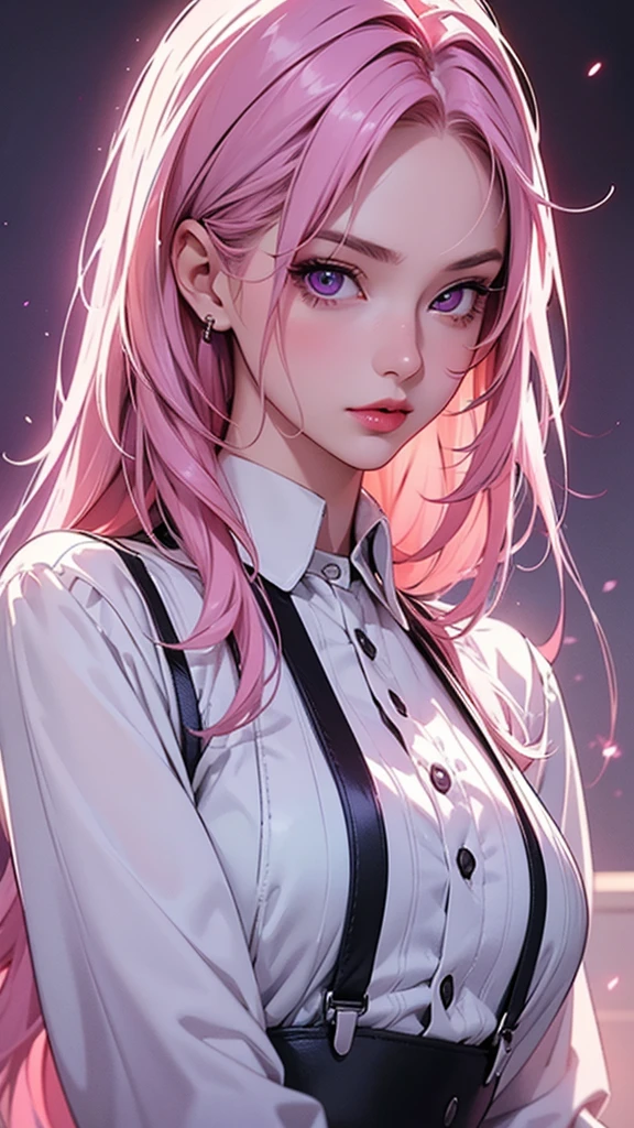 (Best quality,8K,high resolution,masterpiece:1.2),Digital Artwork, A girl,Delicate face,Delicate eyes,Pink Hair,Long and straight hair,Glowing purple eyes,Red lips,Suspenders