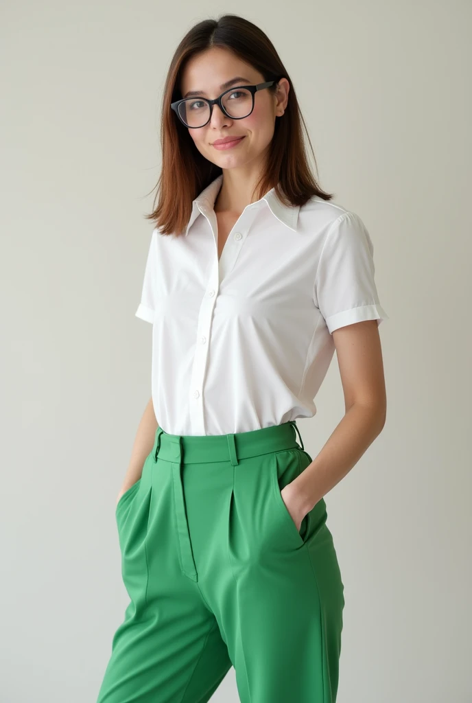 A short woman, medium straight hair, glasses, white, e calça verde bandeira com uma blusa polo white, thin and 40 years old