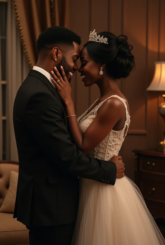 A black handsome groom and a black beautiful woman being flirty in a room, generate an image of a chocolate black bride walking in on them. It should be realistic 