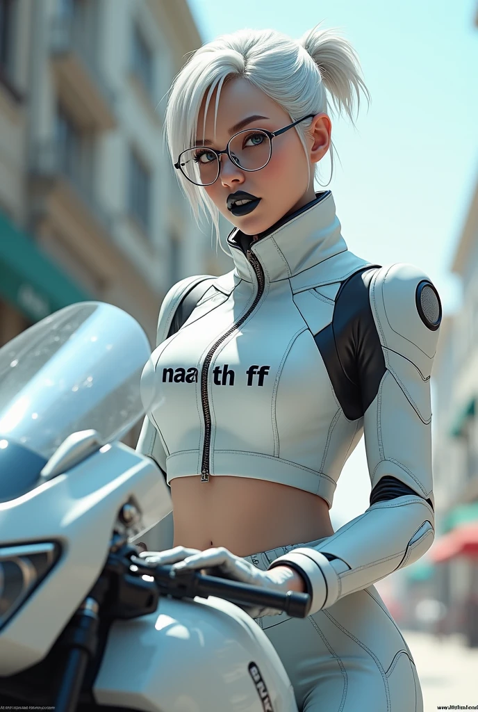   Freefire game style with white hair tied with glasses with black mouth and white face with a white robotic slutty outfit on top of a white motorcycle, and the shirt has to say "NAATH FF"
