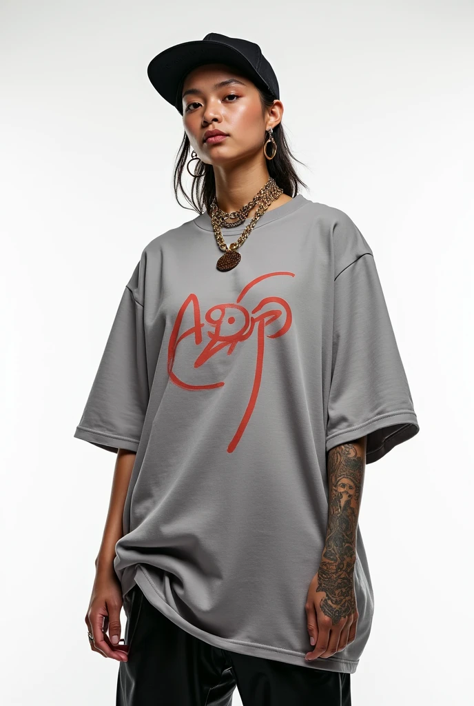 Ready now generate me a model wearing an oversized t-shirt with an urban style that also uses a cap and accessories such as earrings, tattoos, etc. with a white background