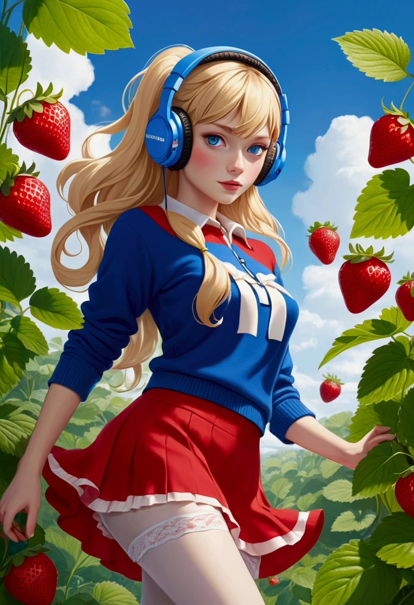 Female character with blonde hair with blue eyes strawberry headphones with leaf strawberry shirt and red skirt with white stockings and red shoes and open red sweater