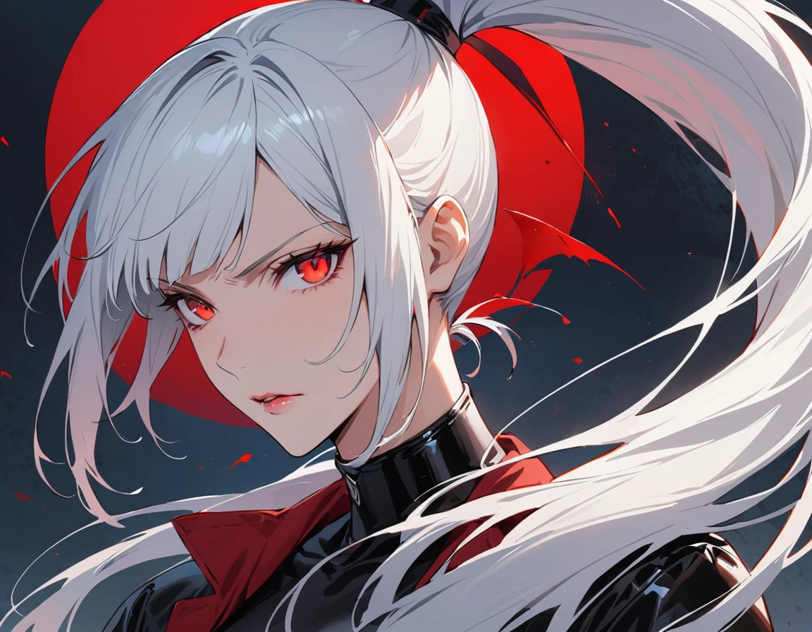 Long white hair, crimson eyes, evil, sexy, black and red clothes, evil face, evil, serious look, gloss lips, sinister, front look, bloody, gloves, close up, portrait, beautiful eyes, big white, dark place, night, sensual, straight hair cut, clear skin, evil, young 30 years girl, adult girl, solo, red, very long hair, ankle length hair, handsome older WOMAN,crimson-eyes,crimson pupils,Long white hair,Hyperresolution,accuracy,Detailed rendering,(Image of fine hair)(topquality)(Masterpieces of masters)(High degree of completeness)(A sense of atmosphere)tmasterpiece,Super detailed and super detailed(((full-body)))(((Sexy black latex outfit)))(((Hair tied back in long ponytail))) (((Bangs))) (((Thick ponytail)))