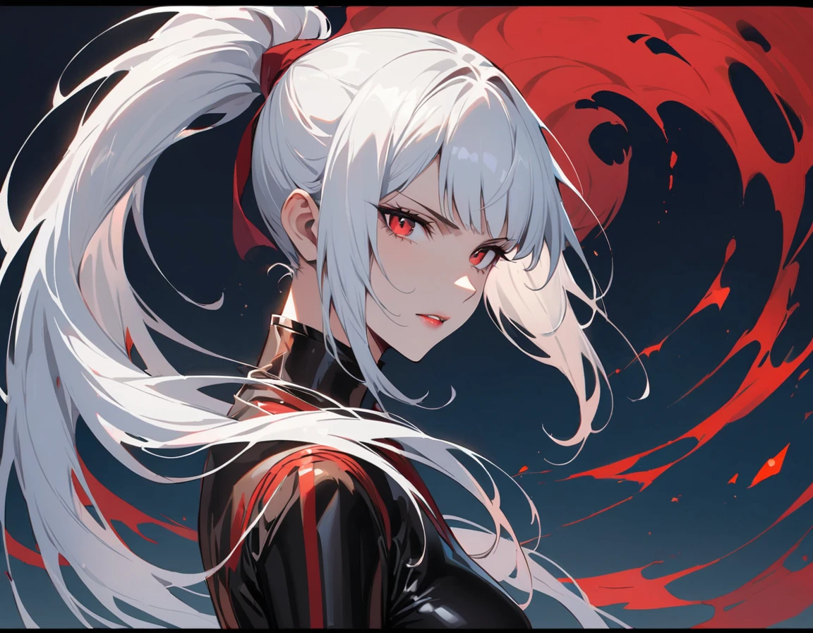 Long white hair, crimson eyes, evil, sexy, black and red clothes, evil face, evil, serious look, gloss lips, sinister, front look, bloody, gloves, close up, portrait, beautiful eyes, big white, dark place, night, sensual, straight hair cut, clear skin, evil, young 30 years girl, adult girl, solo, red, very long hair, ankle length hair, handsome older WOMAN，crimson-eyes，crimson pupils，Long white hair，Hyperresolution，accuracy，Detailed rendering,（Image of fine hair）（topquality）（Masterpieces of masters）（High degree of completeness）（A sense of atmosphere）tmasterpiece，Super detailed and super detailed（((full-body)))(((Sexy black latex outfit)))(((Hair tied back in long ponytail))) (((Bangs))) (((Thick ponytail)))