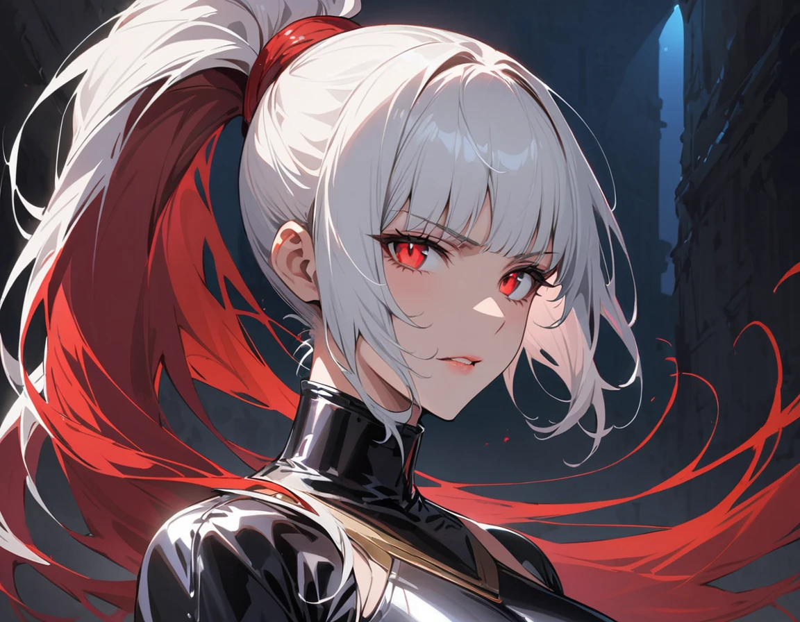 Long white hair, crimson eyes, evil, sexy, black and red clothes, evil face, evil, serious look, gloss lips, sinister, front look, bloody, gloves, close up, portrait, beautiful eyes, big white, dark place, night, sensual, straight hair cut, clear skin, evil, young 30 years girl, adult girl, solo, red, very long hair, ankle length hair, handsome older WOMAN,crimson-eyes,crimson pupils,Long white hair,Hyperresolution,accuracy,Detailed rendering,(Image of fine hair)(topquality)(Masterpieces of masters)(High degree of completeness)(A sense of atmosphere)tmasterpiece,Super detailed and super detailed(((full-body)))(((Sexy black latex outfit)))(((Hair tied back in long ponytail))) (((Bangs))) (((Thick ponytail)))