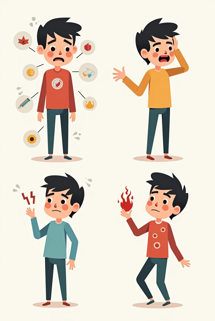 Animated vector images of person with illness, gripe, them, headache, stomachache, fever, sore throat 