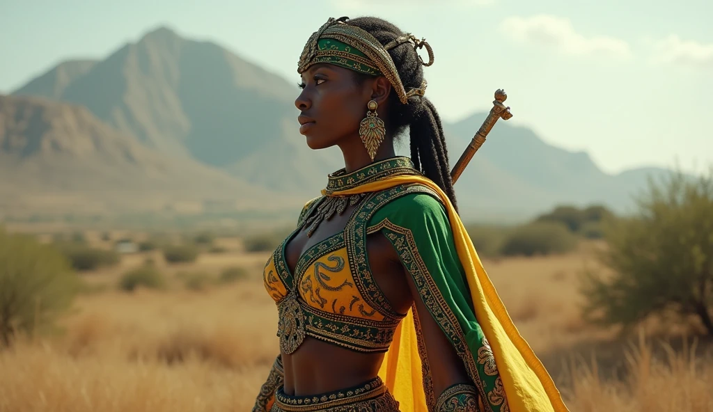 Zimbabwe as an african busty female League of Legend knight creature five mixed colors in white, green, yellow, red, and black. Intricated clothing. Cinematic Fantasy sci-fi landscape background