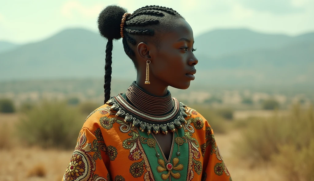 Zimbabwe as an african busty female League of Legend knight creature five mixed colors in white, green, yellow, red, and black. Intricated clothing. Cinematic Fantasy sci-fi landscape background