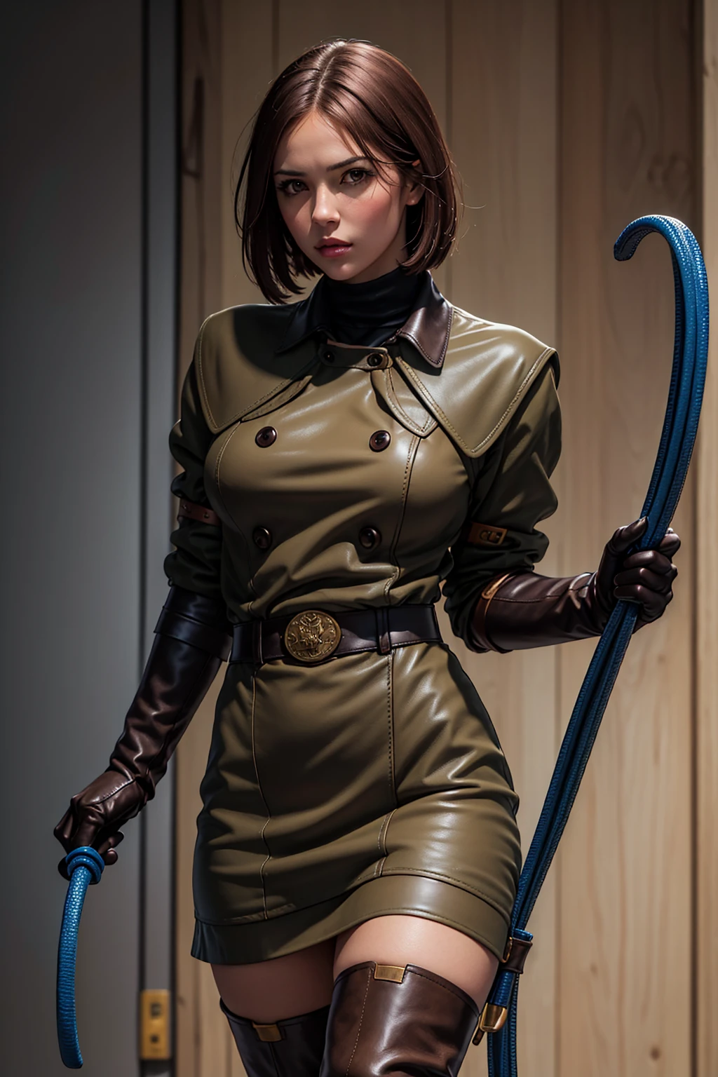 (Best image quality, highest quality, Highest Resolution, Ultra-Realistic Images, Very detailed, masterpiece, 8k), One Woman, Brown medium hair, Khaki military uniform, Leather gloves, Leather boots, ((holding a blue whip)), big Breasts, blush, serious look, Dynamic pose, Browsing Caution, half body, perfect face, whipping 